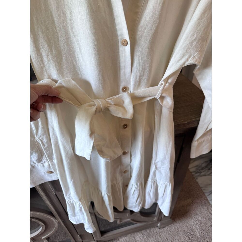 Zara Linen Blend Belted Shirt Dress in Ecru Size Medium - Picture 7 of 11